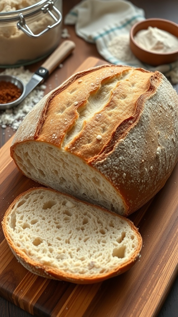 A golden crusted sourdough bread loaf on a wooden board with slices cut beside it.